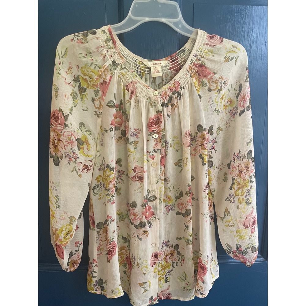 Sundance Sheer Blouse XS 100% Silk Floral Smocked Button Front Cream Rose